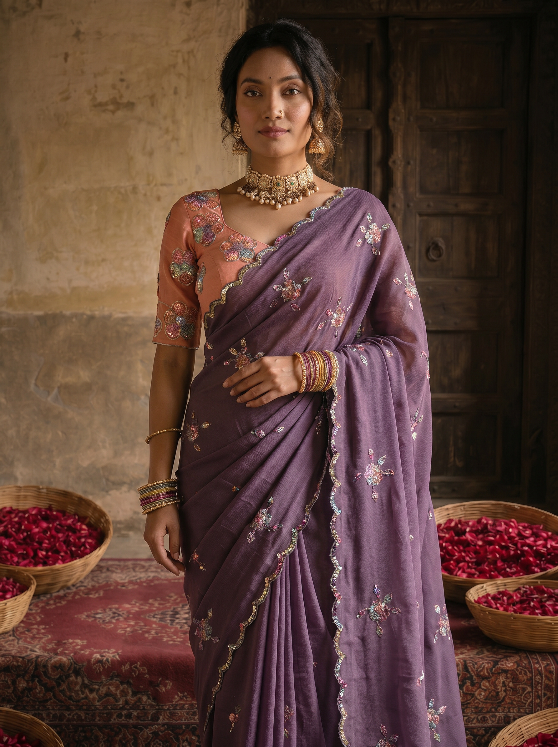 Dusty Lavender Georgette Embroidered Saree with Floral Sequin Work & Peach Designer Blouse