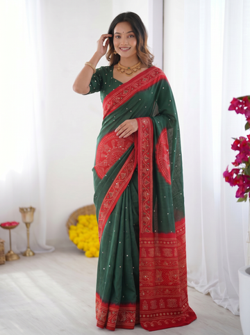 Bottle Green & Ruby Red Bandhani Inspired Cotton Silk Saree with Traditional Folk Print Border & Designer Pallu
