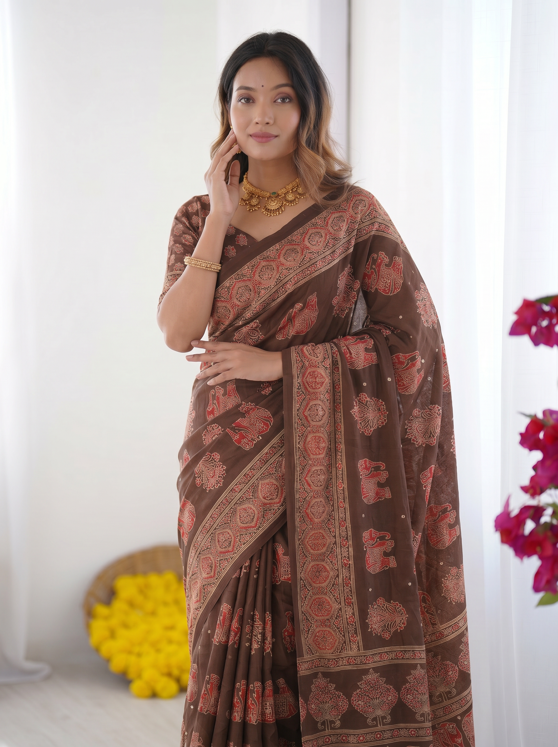 Chocolate Brown Modal Silk Saree with Elephant Motif Heritage Print & Designer Pallu | Traditional Festive Wear Saree