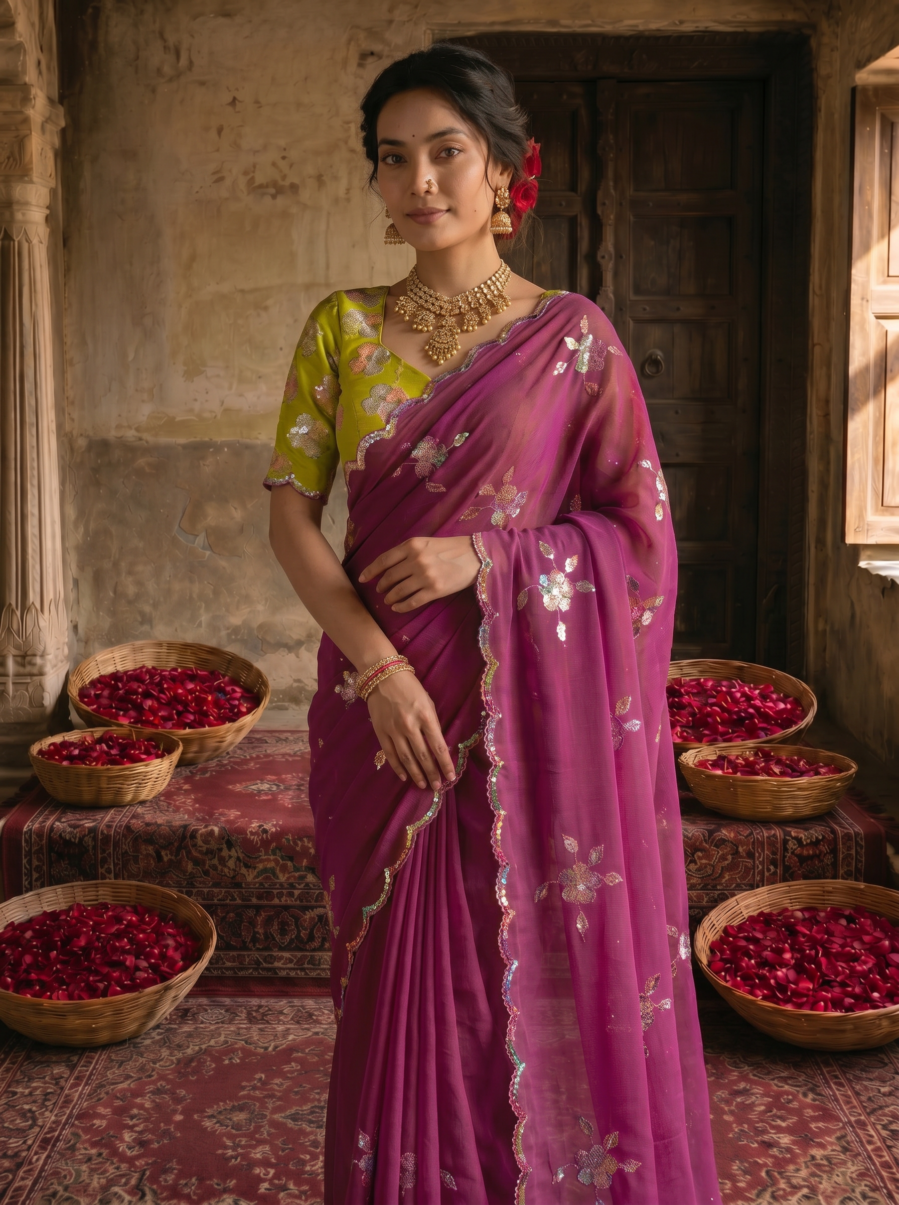 Magenta Purple Georgette Embroidered Saree with Floral Sequin Work & Contrast Lime Green Blouse
