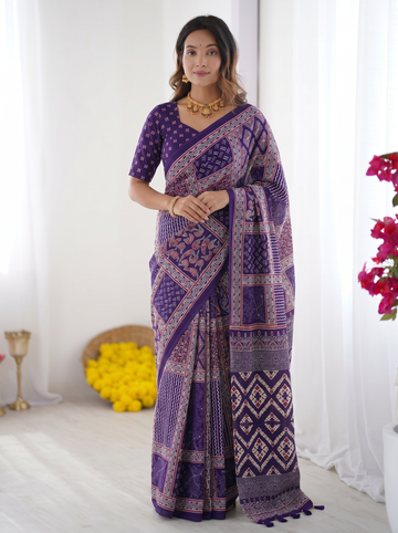Royal Purple Modal Silk Saree with Tribal & Geometric Print | Designer Ethnic Pallu Saree for Festive Wear