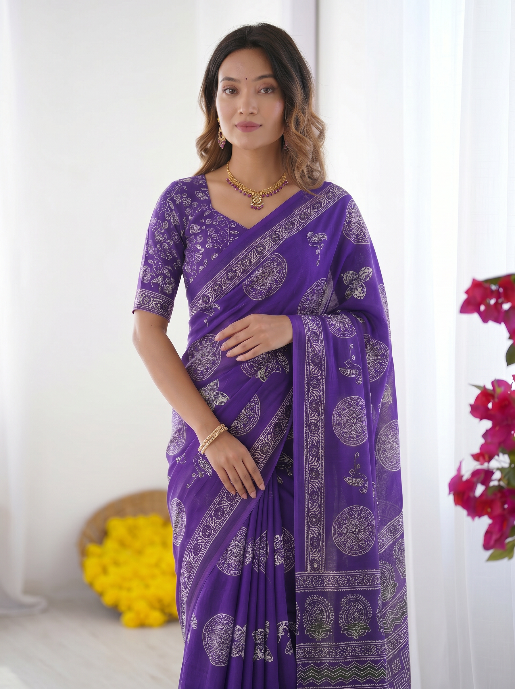 Royal Purple Modal Silk Saree with Circular Medallion Print & Heritage Designer Pallu | Festive & Ethnic Wear Saree