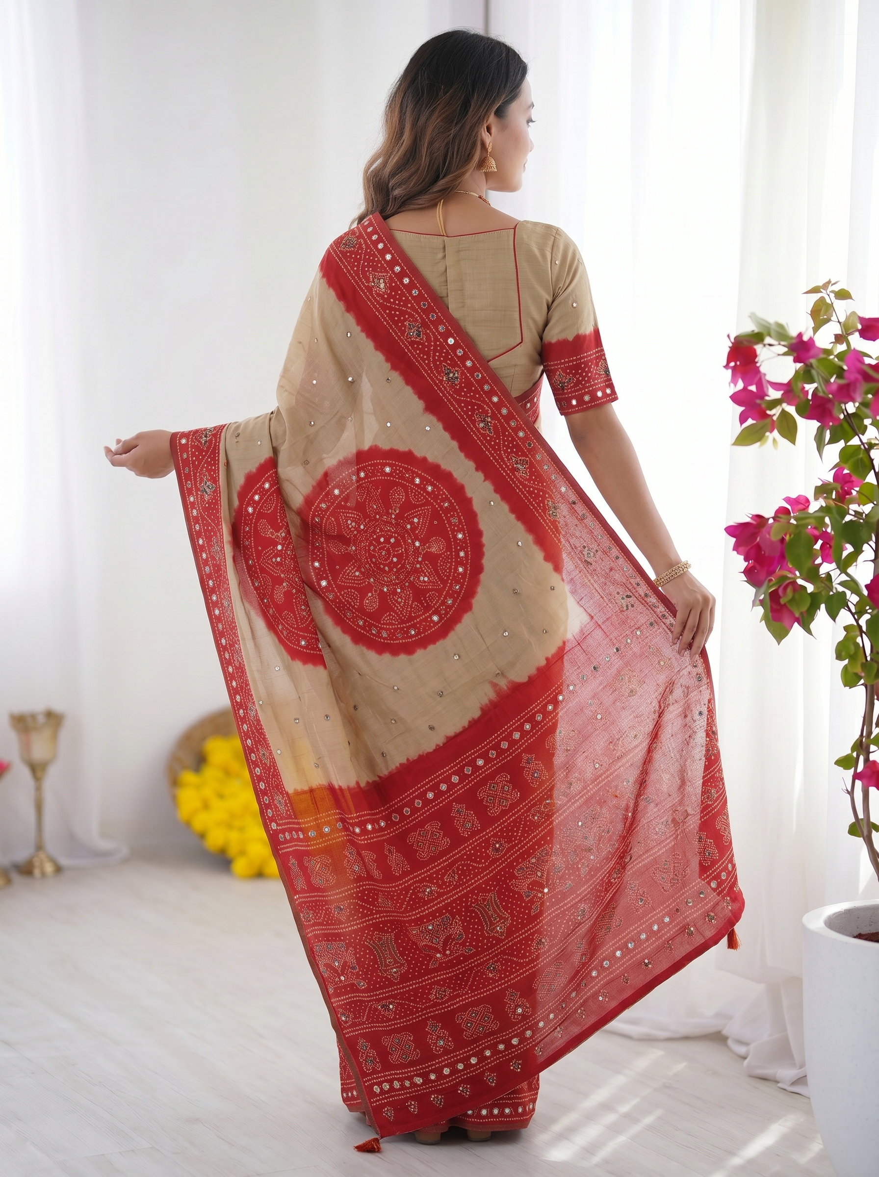 Beige & Crimson Red Bandhani Inspired Modal Silk Saree with Traditional Folk Print Pallu & Stone Embellishments
