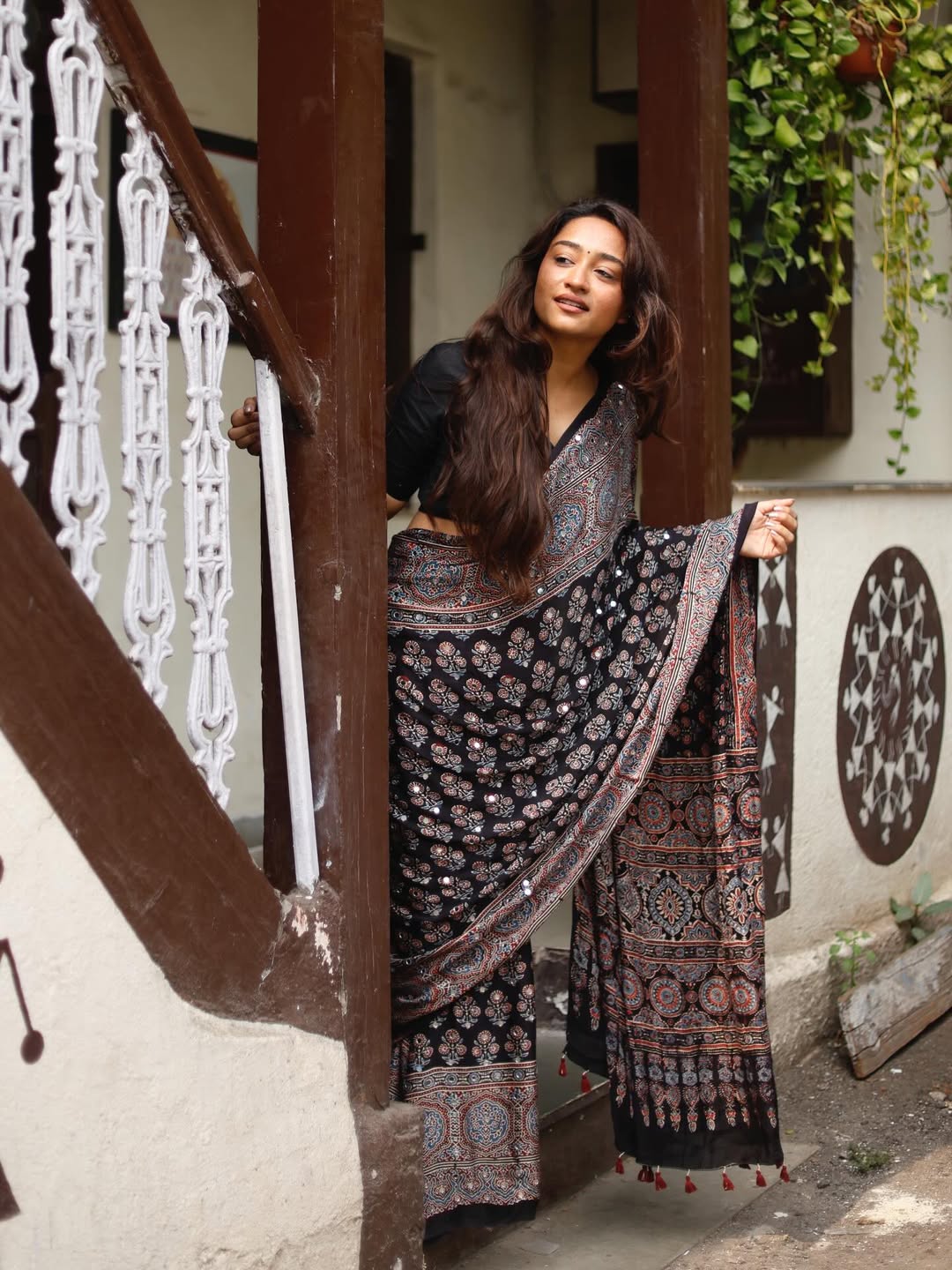 Black Ajrakh Printed Modal Silk Saree with Tassels & Attached Blouse | Traditional Ethnic & Festive Wear Saree