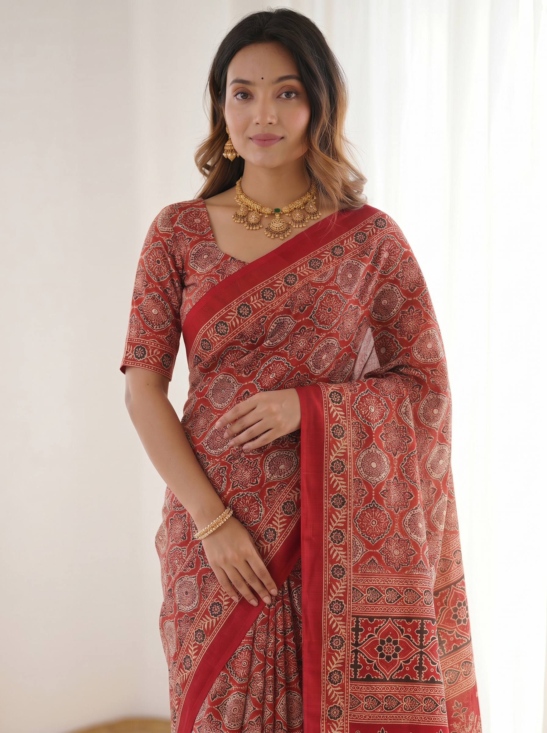 Ajrakh Inspired Print Ruby Red Pure Modal Silk Saree with Heritage & Traditional Designer Pallu