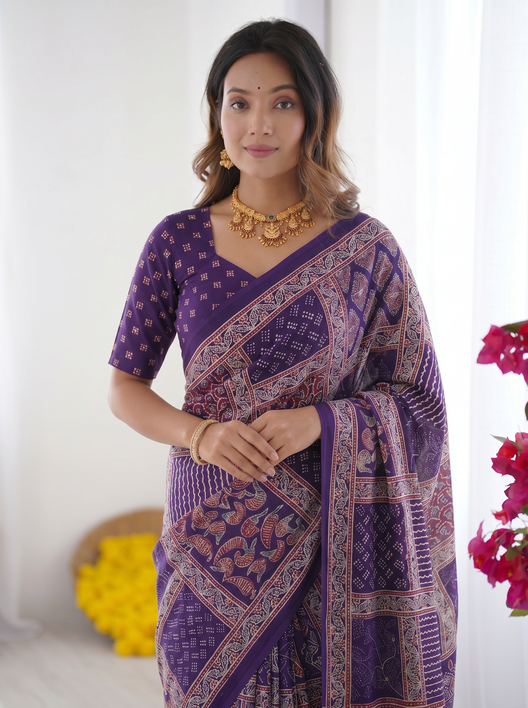 Royal Purple Modal Silk Saree with Tribal & Geometric Print | Designer Ethnic Pallu Saree for Festive Wear