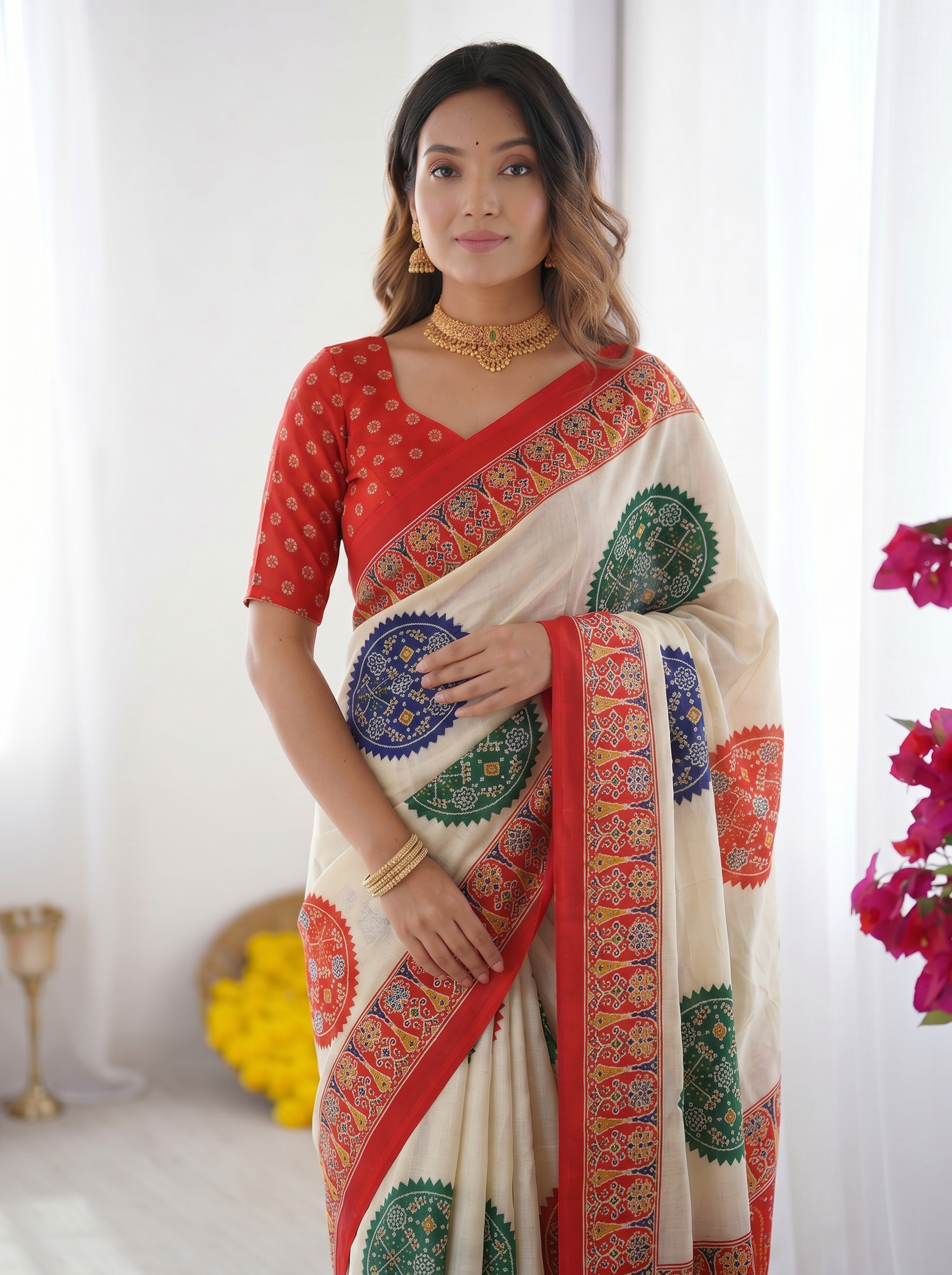 Ivory White & Vermilion Red Pure Modal Silk Saree with Multicolor Mandala Print & Traditional Designer Pallu