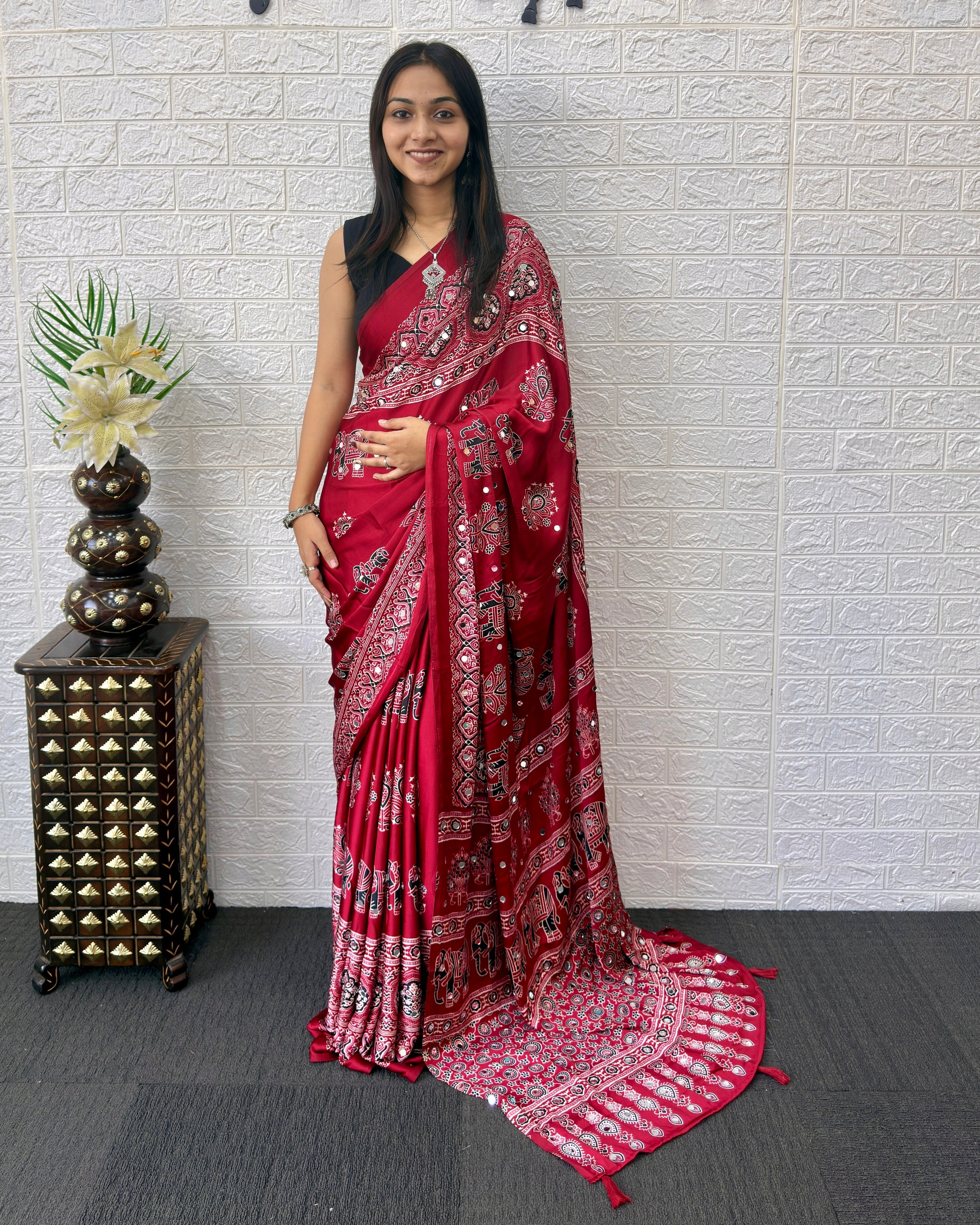 Maroon Modal Silk Ajrakh Print Saree with Traditional Elephant Motifs, Designer Pallu & Tassels | Festive & Ethnic Wear Saree