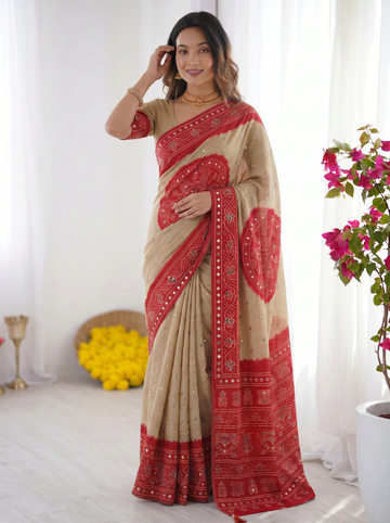 Beige & Crimson Red Bandhani Inspired Modal Silk Saree with Traditional Folk Print Pallu & Stone Embellishments