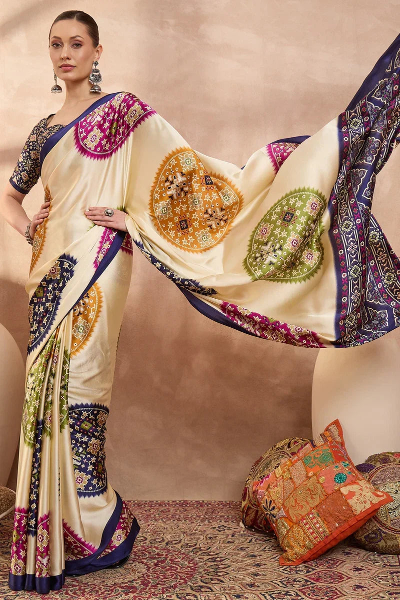 Cream Modal Silk Saree with Multicolor Patola-Inspired Print & Royal Purple Border | Designer Festive Wear Saree
