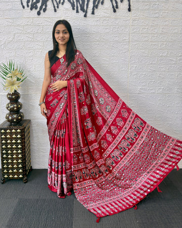 Maroon Modal Silk Ajrakh Print Saree with Traditional Elephant Motifs, Designer Pallu & Tassels | Festive & Ethnic Wear Saree