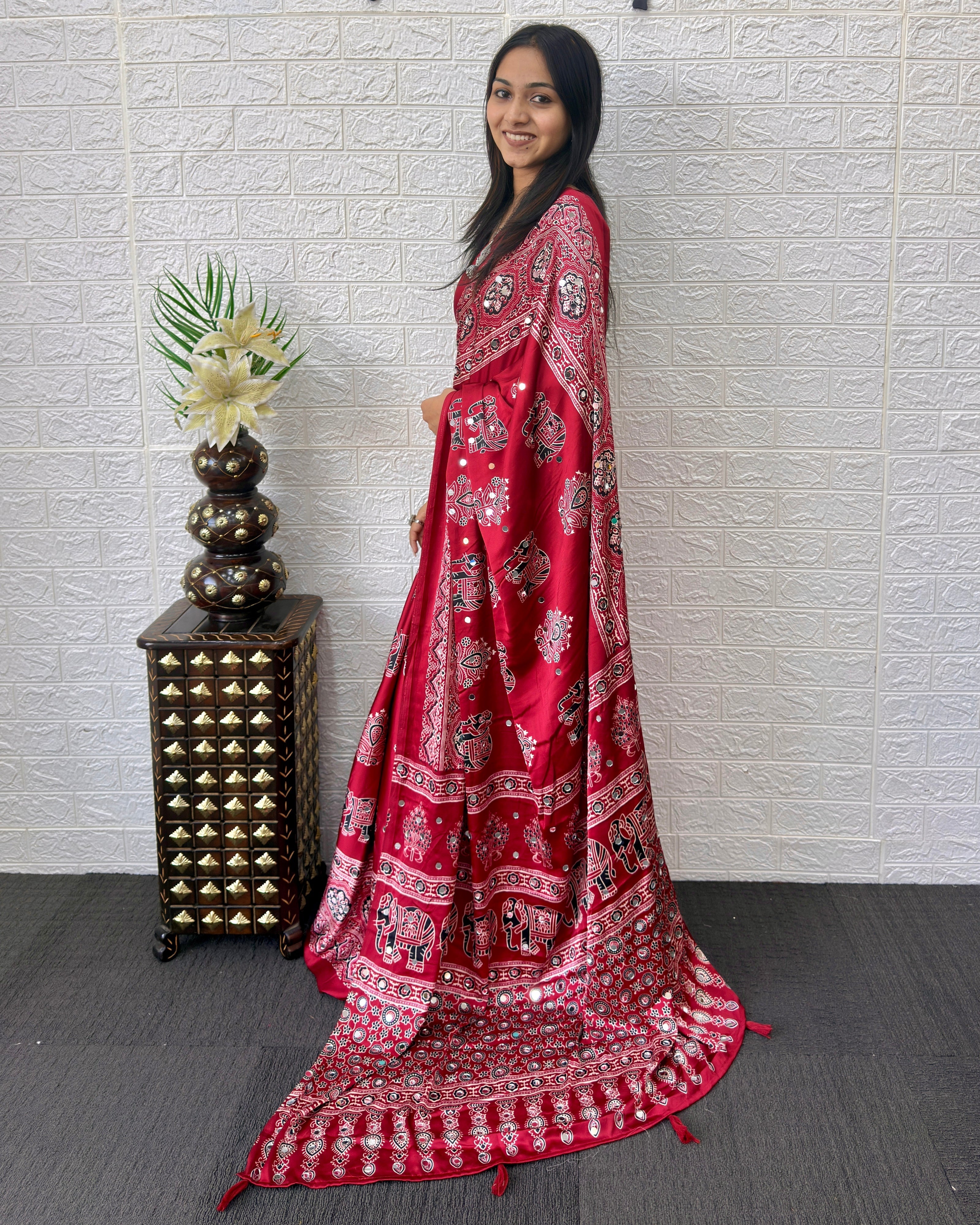 Maroon Modal Silk Ajrakh Print Saree with Traditional Elephant Motifs, Designer Pallu & Tassels | Festive & Ethnic Wear Saree