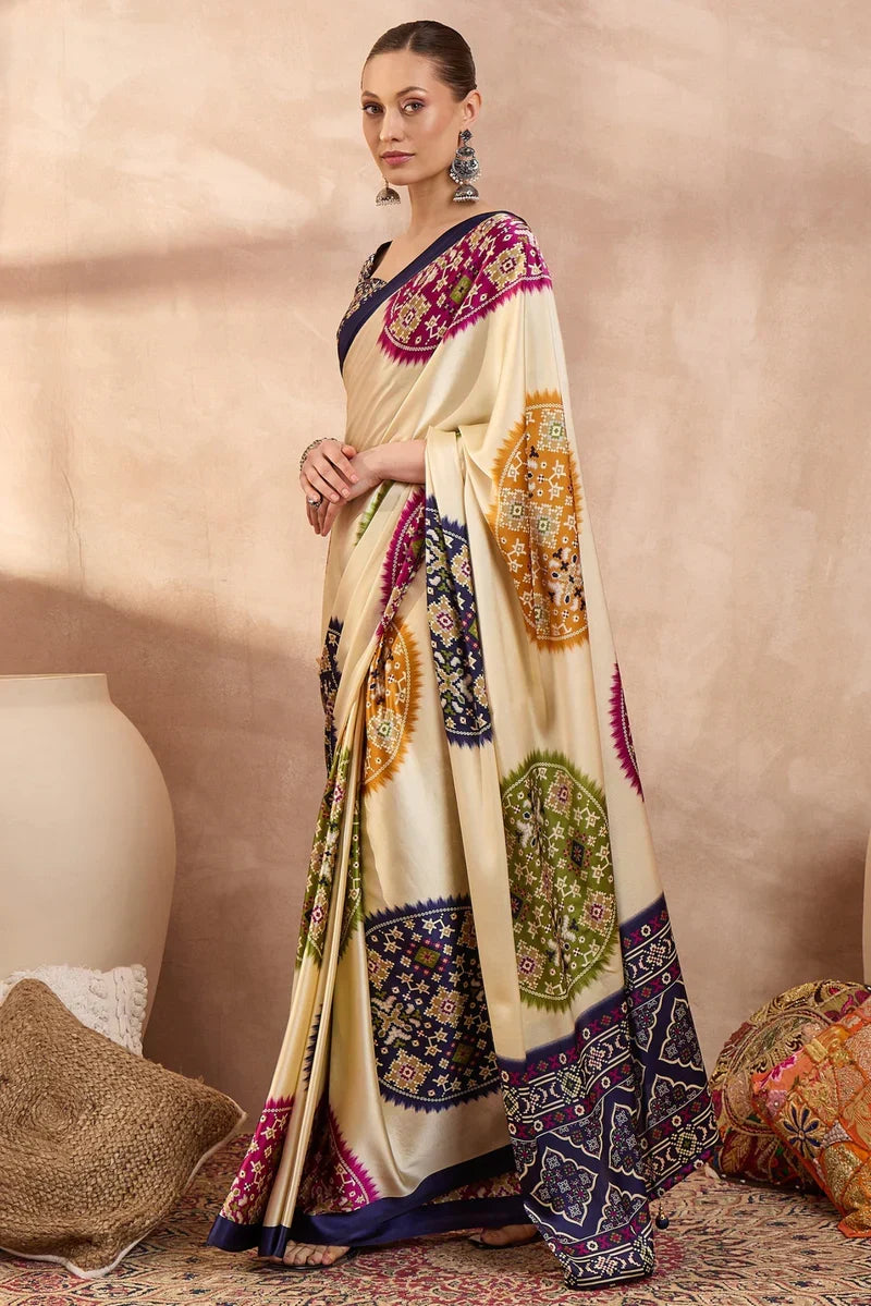 Cream Modal Silk Saree with Multicolor Patola-Inspired Print & Royal Purple Border | Designer Festive Wear Saree