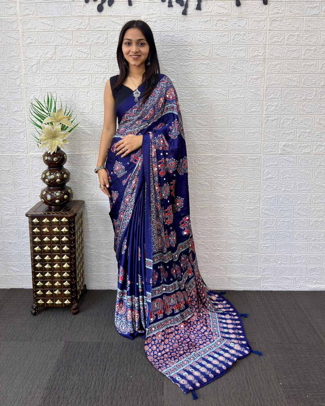 Royal Blue Modal Silk Saree with Elephant Motif Heritage Print & Designer Pallu | Traditional Festive Wear Saree