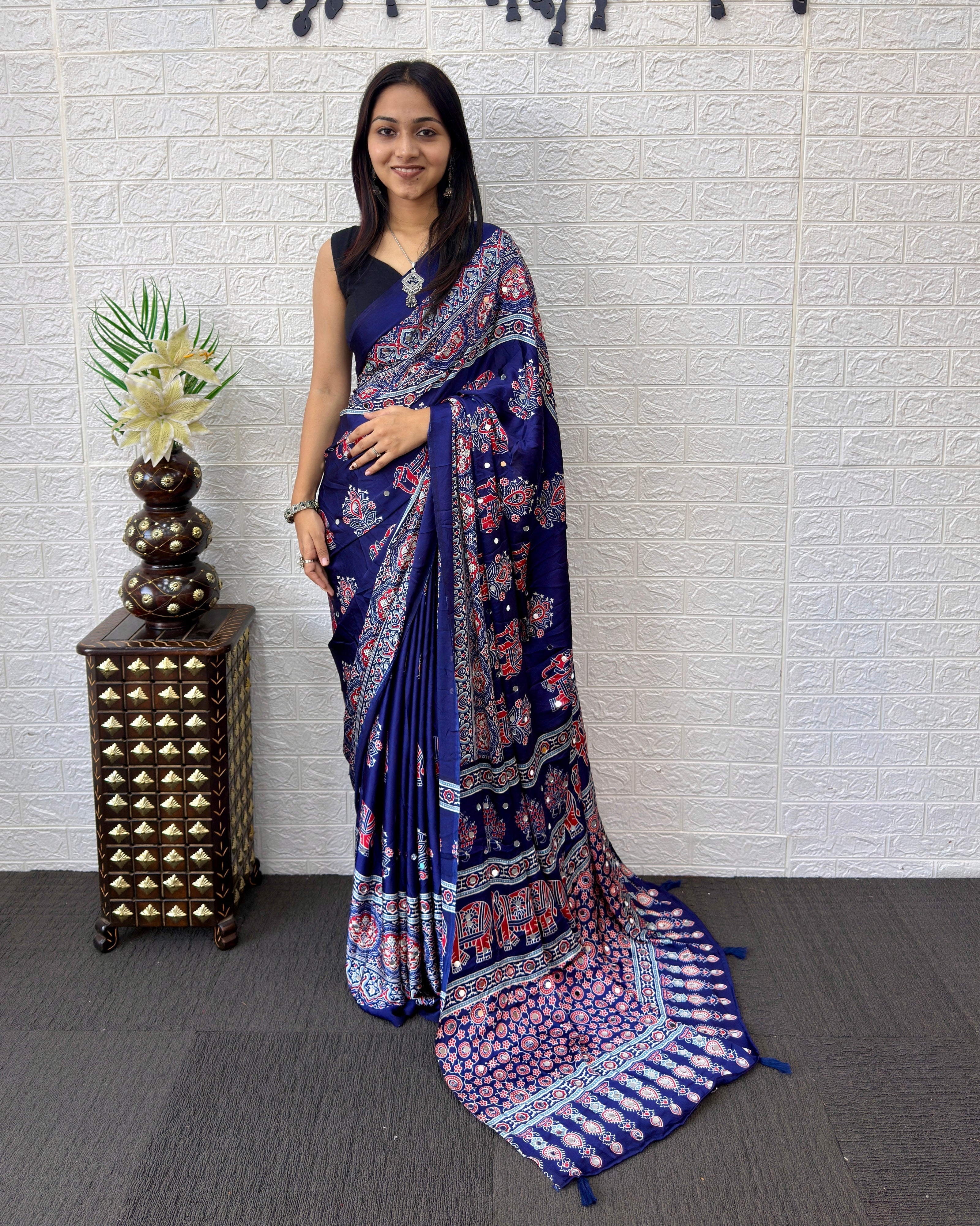 Royal Blue Modal Silk Saree with Elephant Motif Heritage Print & Designer Pallu | Traditional Festive Wear Saree