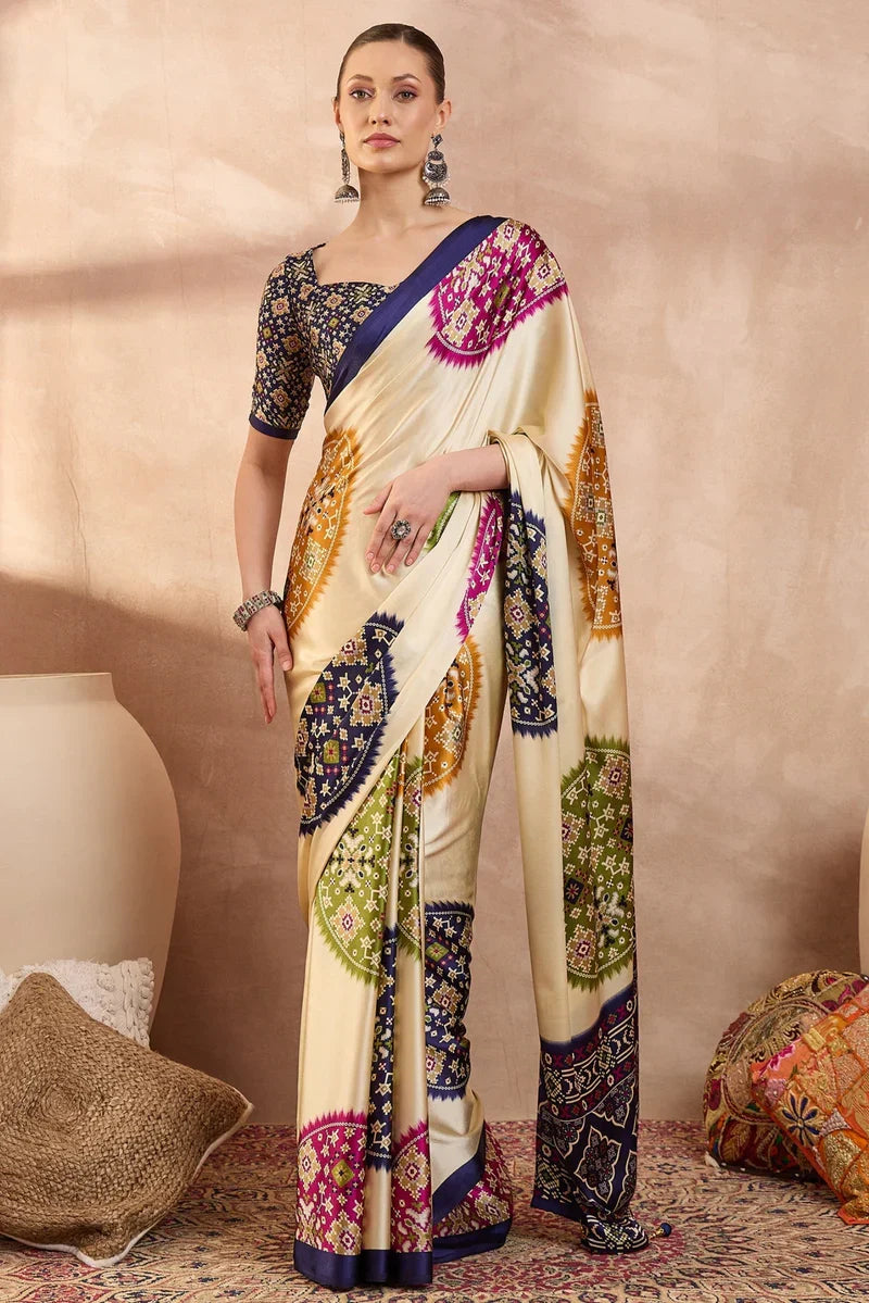 Cream Modal Silk Saree with Multicolor Patola-Inspired Print & Royal Purple Border | Designer Festive Wear Saree