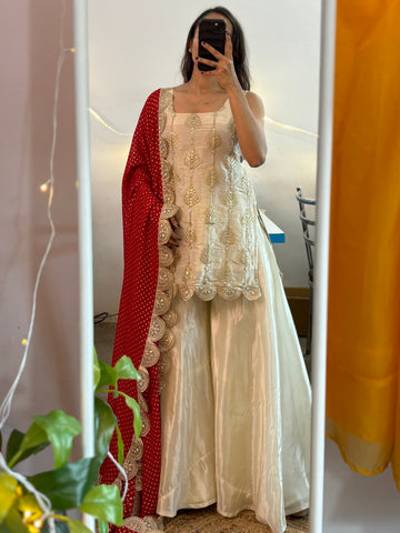 Ivory Silk Sharara Set with Golden Thread Embroidery & Red Bandhej Dupatta – Festive & Wedding Wear
