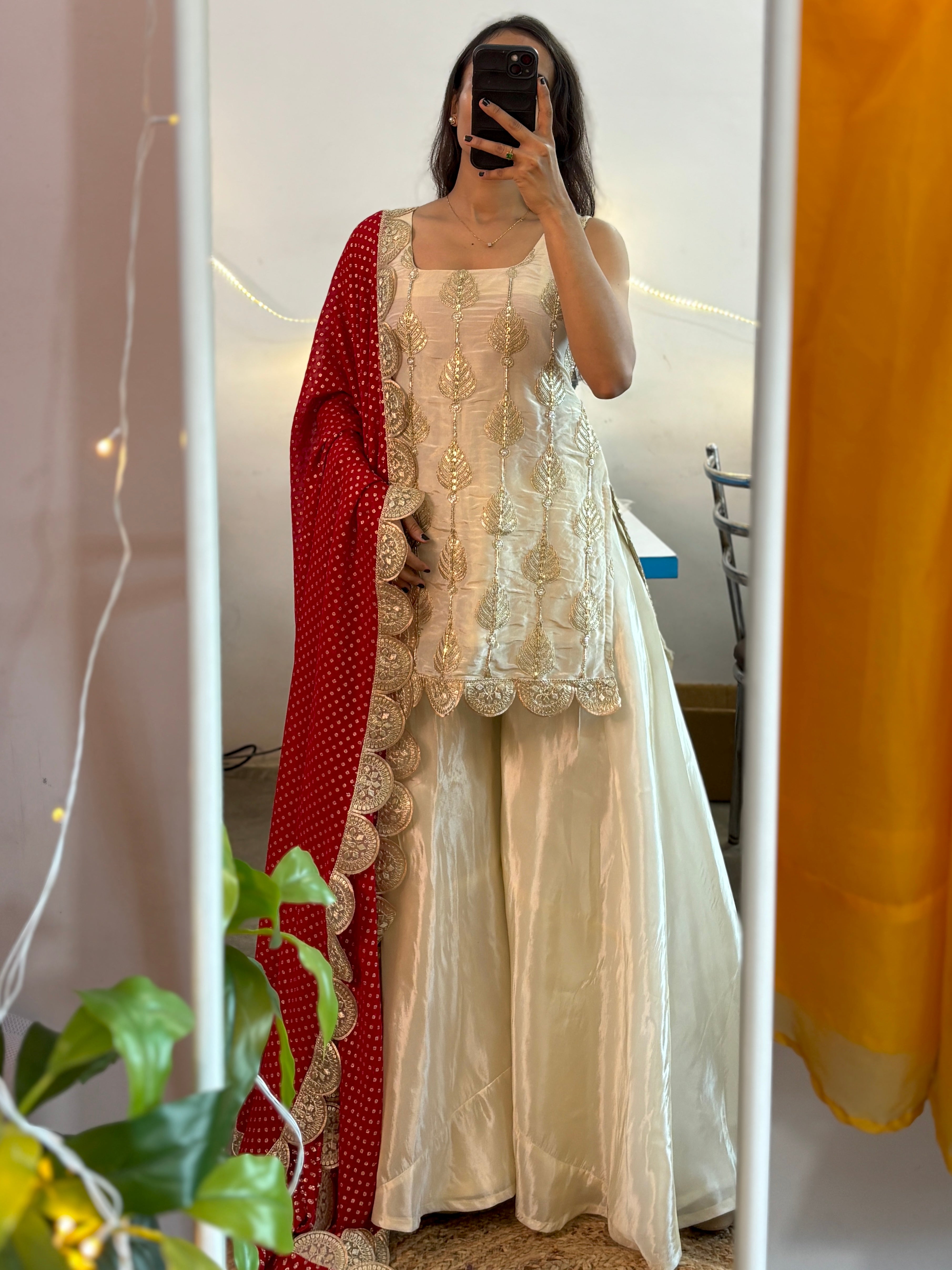 Ivory Silk Sharara Set with Golden Thread Embroidery & Red Bandhej Dupatta – Festive & Wedding Wear