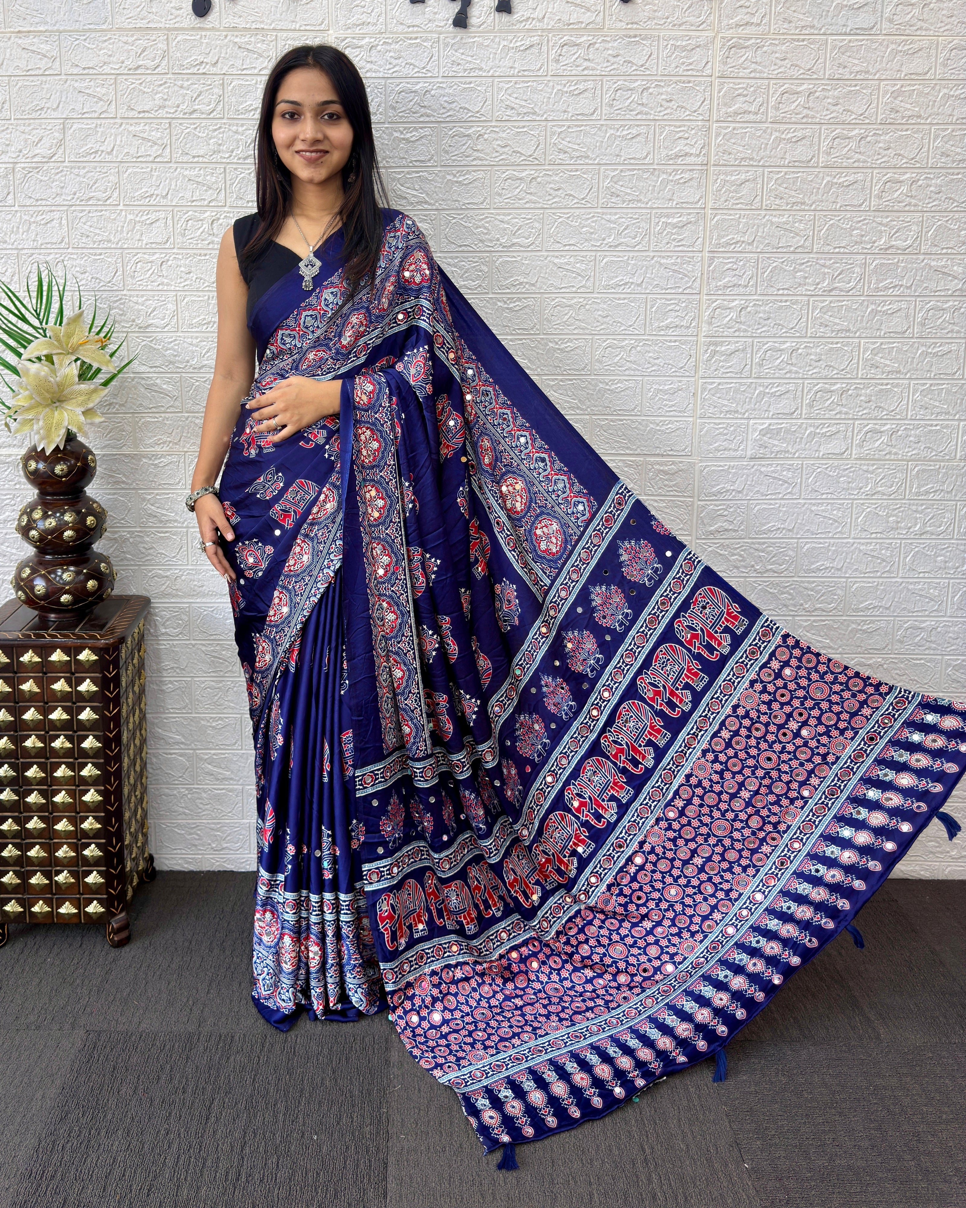 Royal Blue Modal Silk Saree with Elephant Motif Heritage Print & Designer Pallu | Traditional Festive Wear Saree