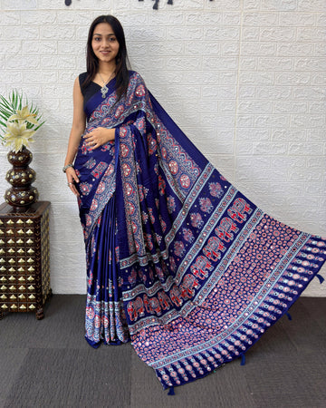 Royal Blue Modal Silk Saree with Elephant Motif Heritage Print & Designer Pallu | Traditional Festive Wear Saree