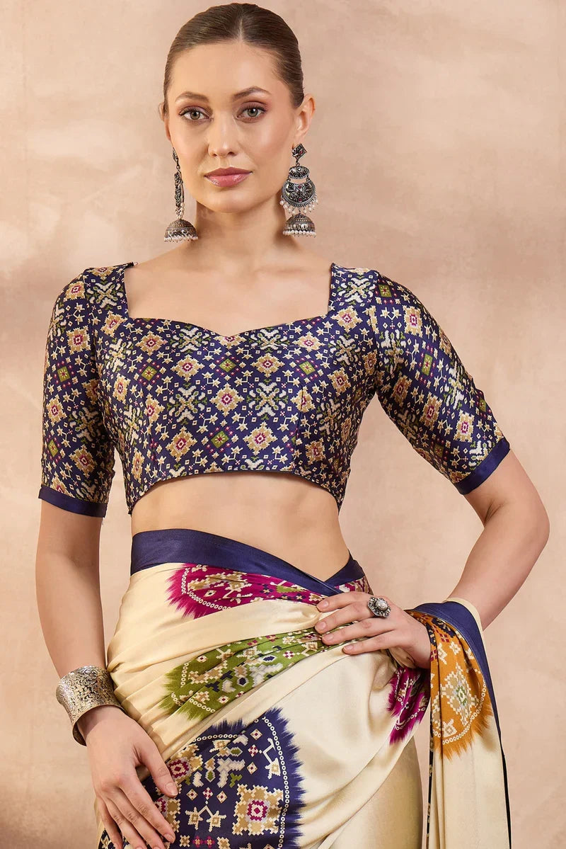 Cream Modal Silk Saree with Multicolor Patola-Inspired Print & Royal Purple Border | Designer Festive Wear Saree