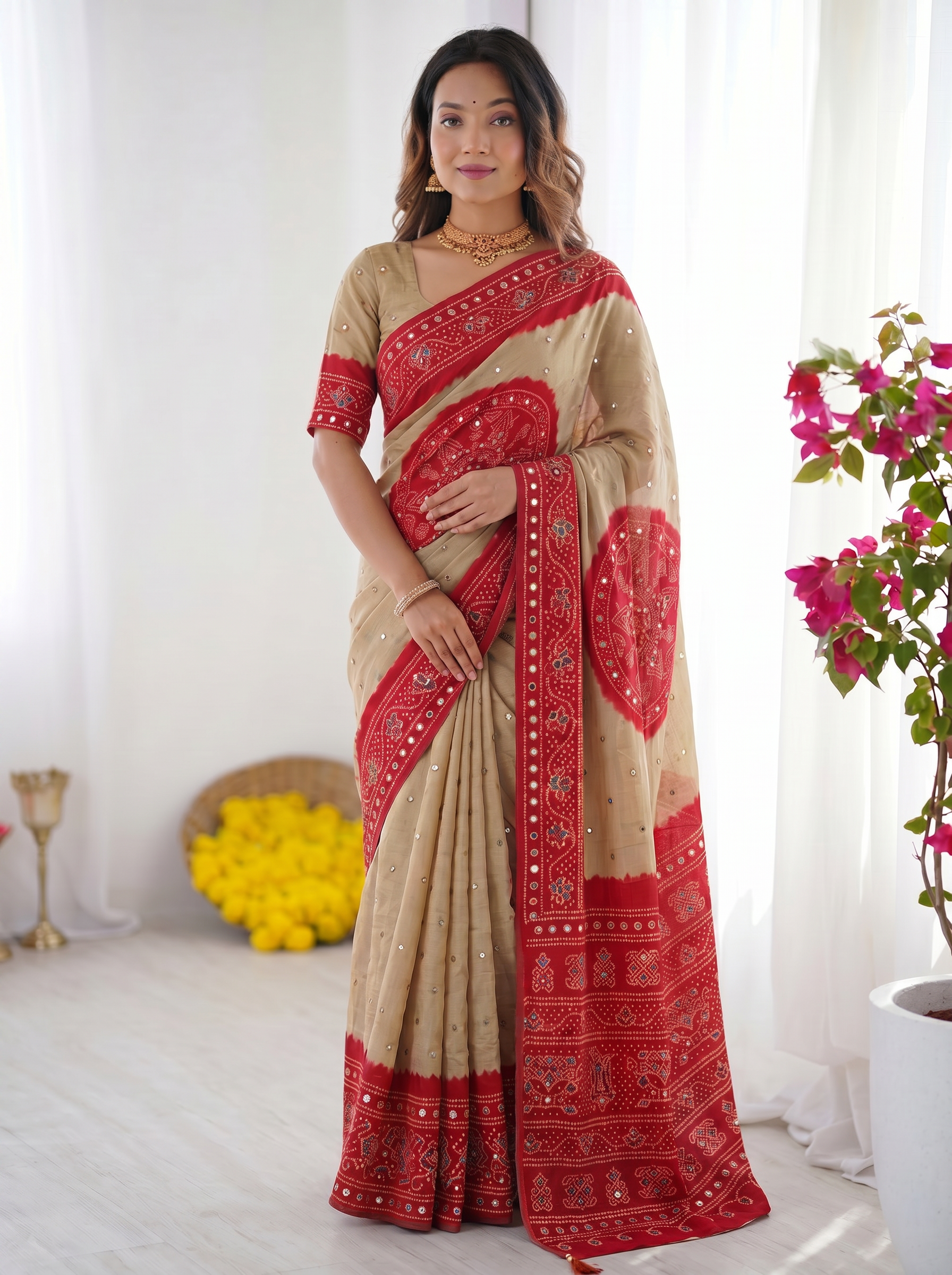 Beige & Crimson Red Bandhani Inspired Modal Silk Saree with Traditional Folk Print Pallu & Stone Embellishments