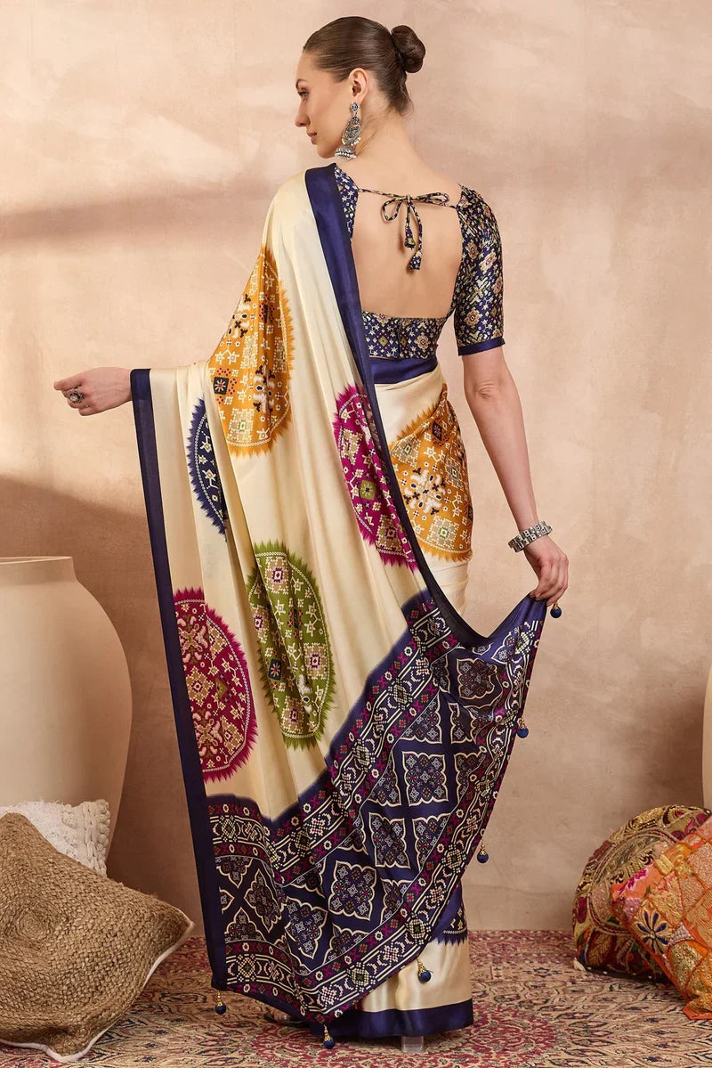 Cream Modal Silk Saree with Multicolor Patola-Inspired Print & Royal Purple Border | Designer Festive Wear Saree