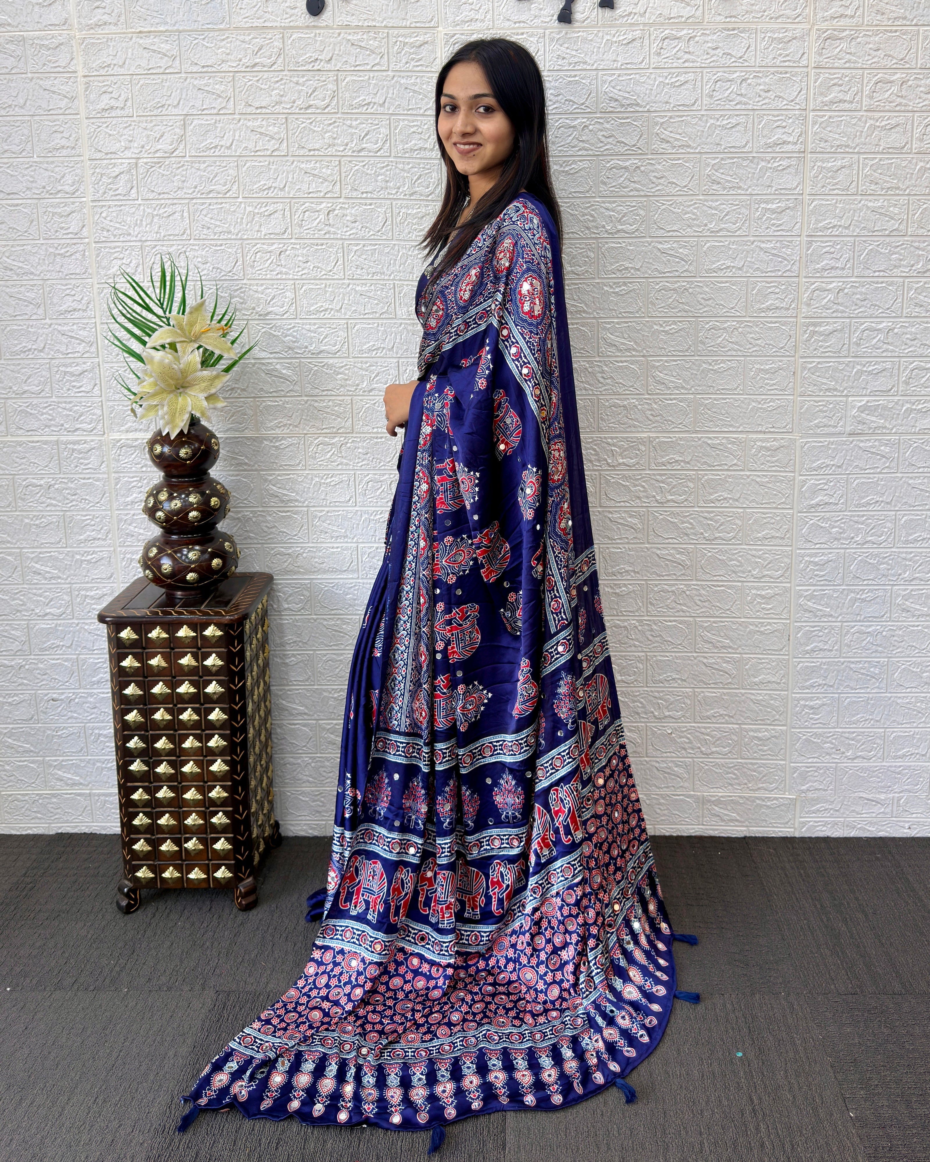 Royal Blue Modal Silk Saree with Elephant Motif Heritage Print & Designer Pallu | Traditional Festive Wear Saree