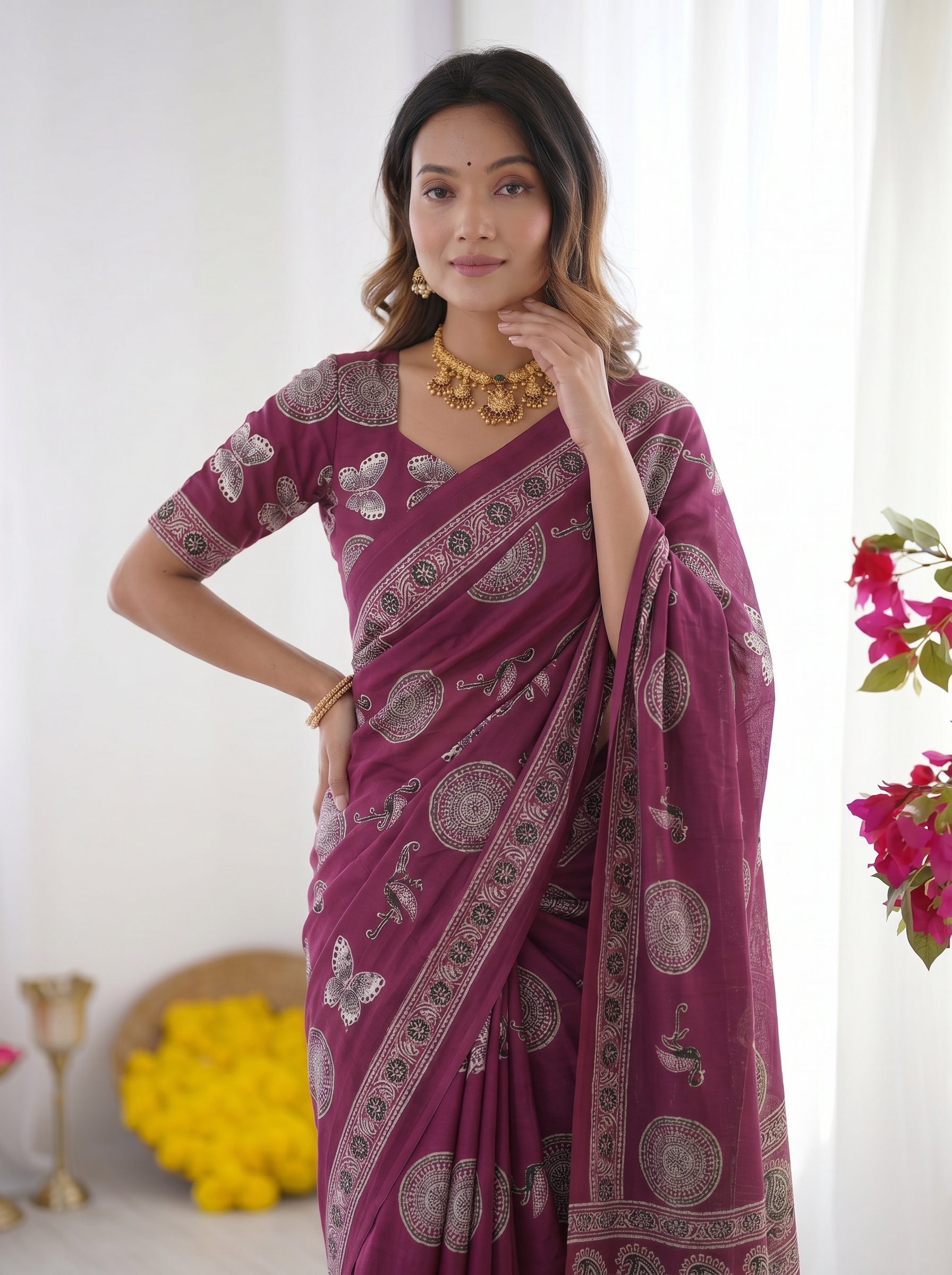 Wine Purple Modal Silk Saree with Traditional Circular Motif Print & Heritage Designer Pallu | Festive & Ethnic Wear Saree