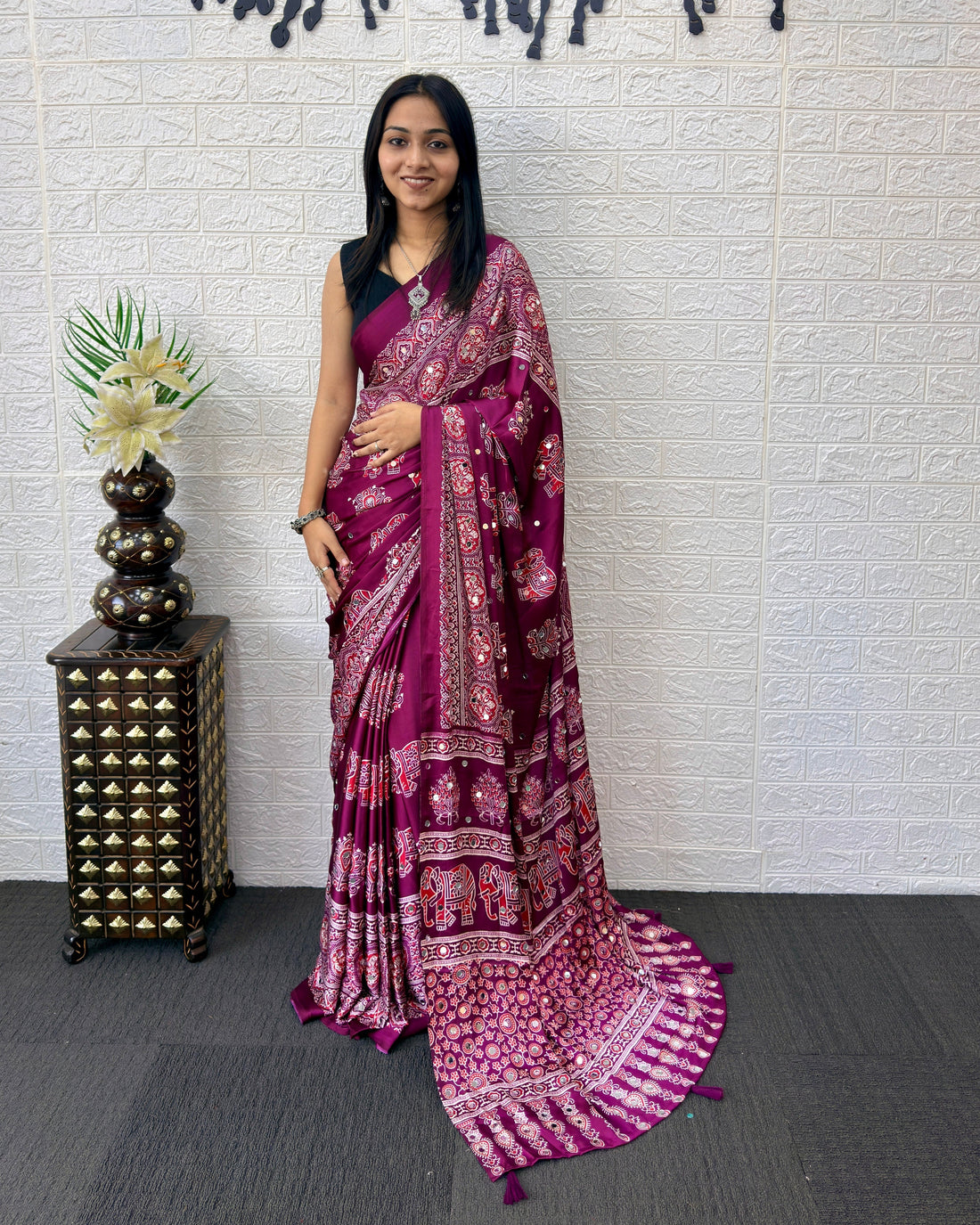 Plum Purple Modal Silk Saree with Elephant Motif Print & Heritage Designer Pallu | Traditional Festive Wear Saree