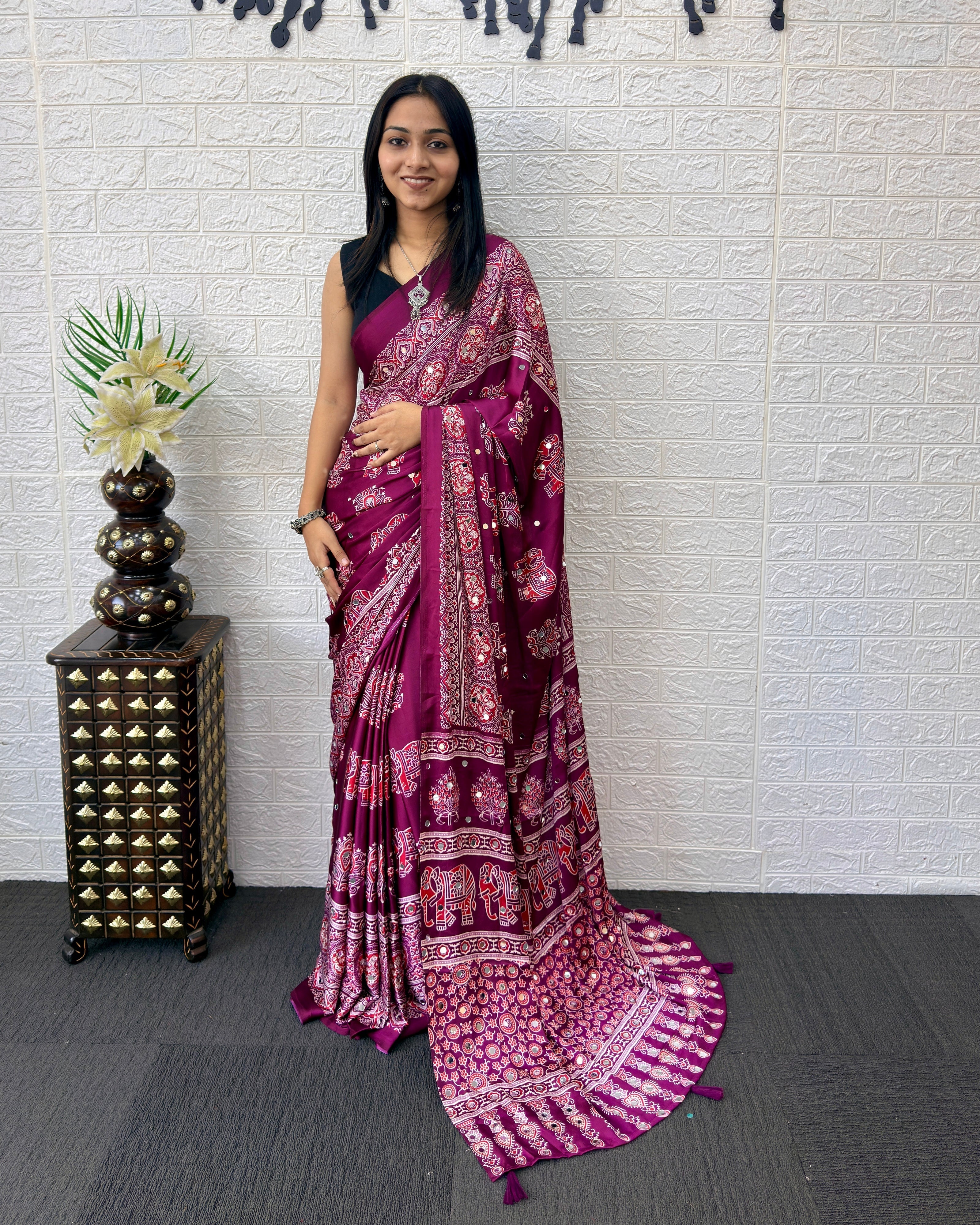 Plum Purple Modal Silk Saree with Elephant Motif Print & Heritage Designer Pallu | Traditional Festive Wear Saree