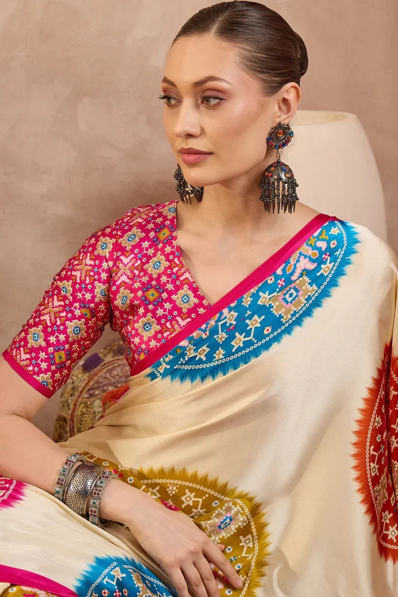 Cream Modal Silk Saree with Multicolor Patola-Inspired Print & Rani Pink Border | Designer Festive Wear Saree