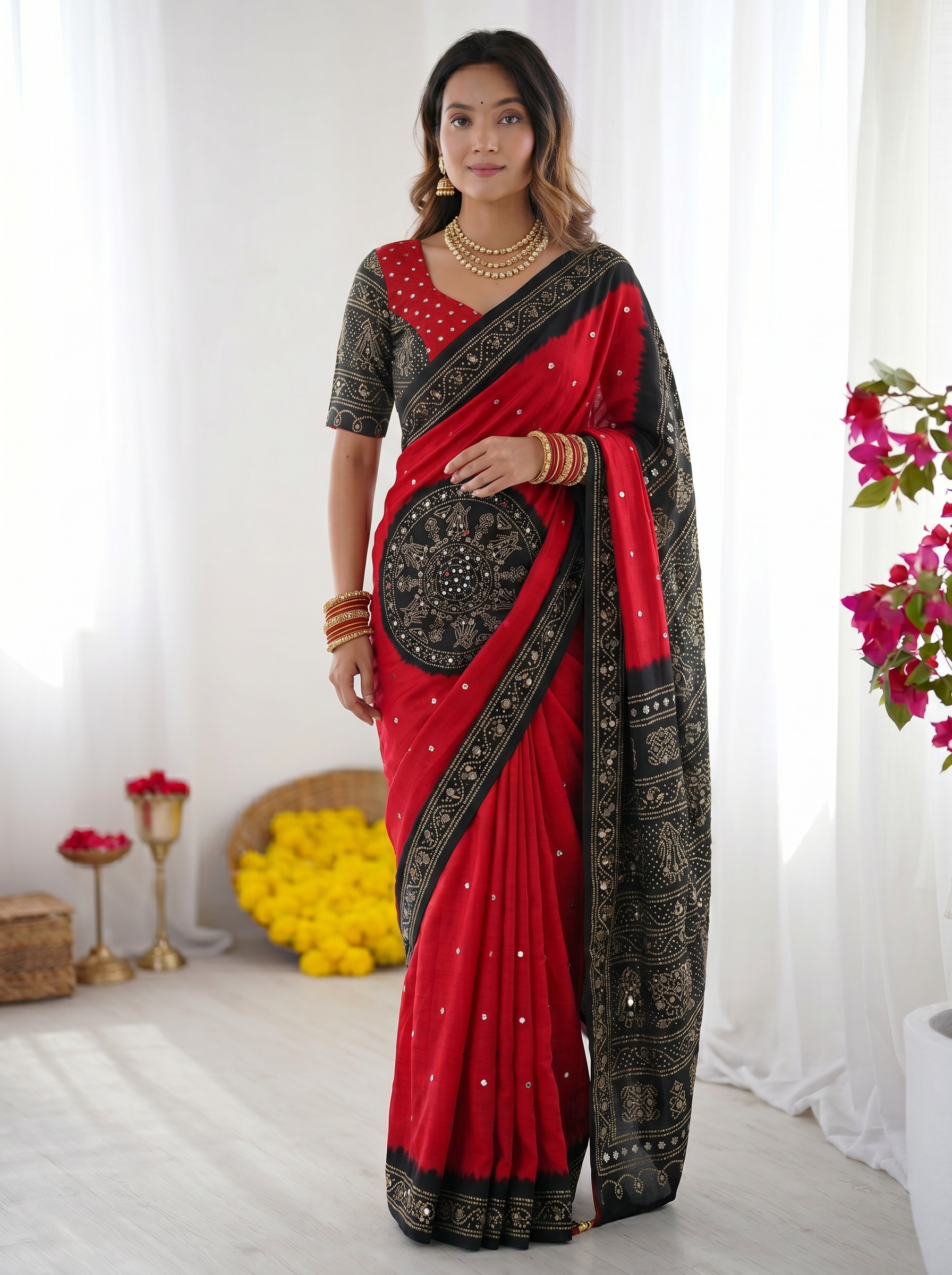 Crimson Red & Black Modal Silk Saree with Traditional Bandhani Inspired Motifs, Stone Work & Heritage Folk Art Pallu