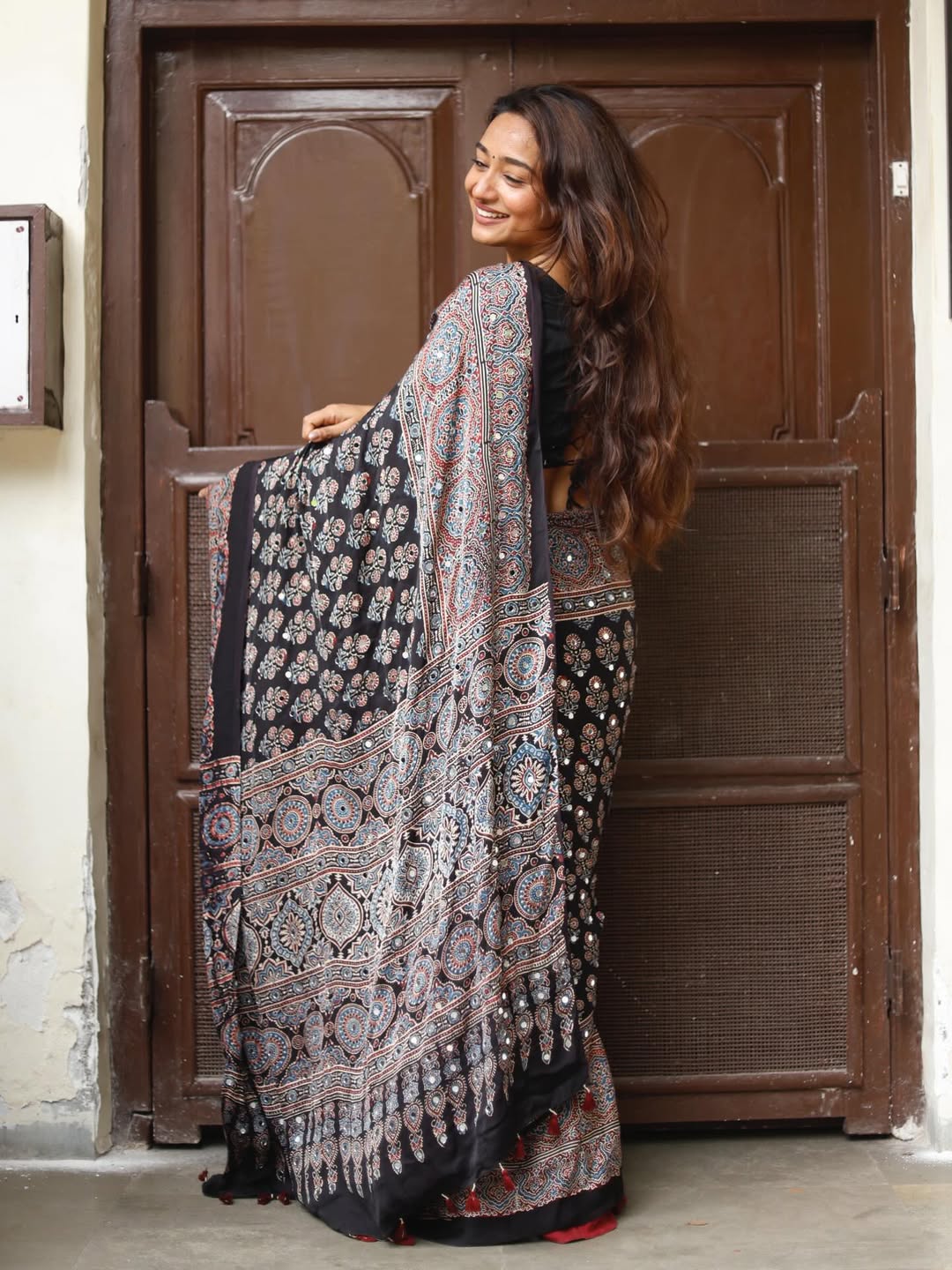 Black Ajrakh Printed Modal Silk Saree with Tassels & Attached Blouse | Traditional Ethnic & Festive Wear Saree