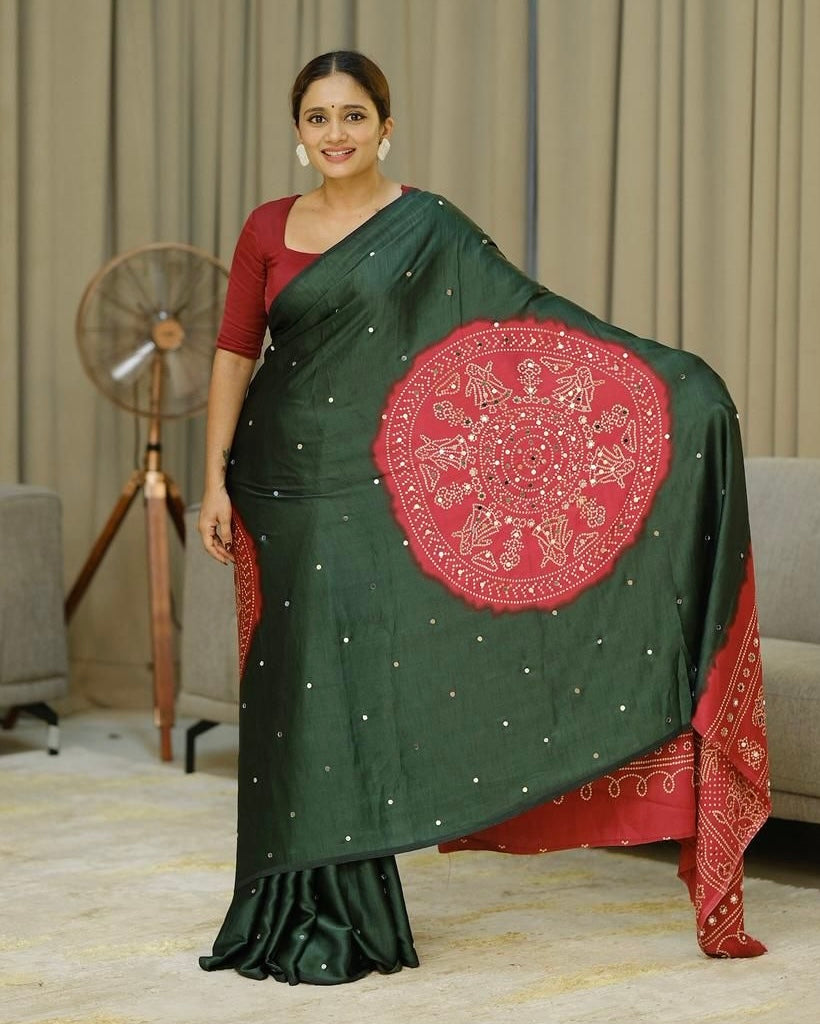 Women’s Forest Green Pure Modal Silk Saree with Rustic Red Folk Art Print & Traditional Designer Pallu