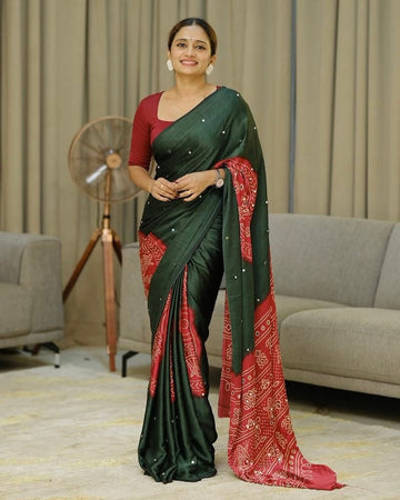 Women’s Forest Green Pure Modal Silk Saree with Rustic Red Folk Art Print & Traditional Designer Pallu