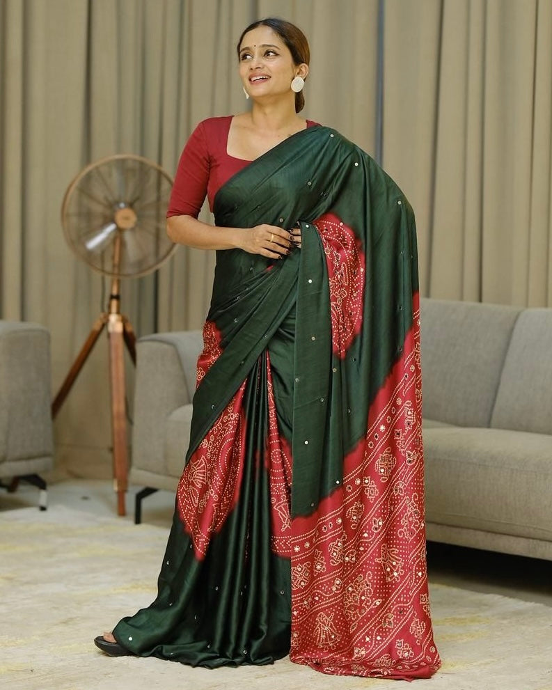 Women’s Forest Green Pure Modal Silk Saree with Rustic Red Folk Art Print & Traditional Designer Pallu