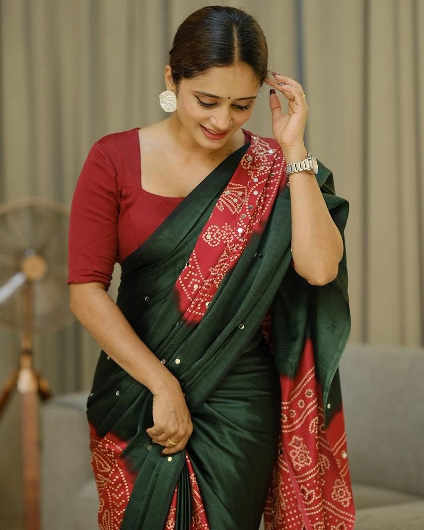 Women’s Forest Green Pure Modal Silk Saree with Rustic Red Folk Art Print & Traditional Designer Pallu