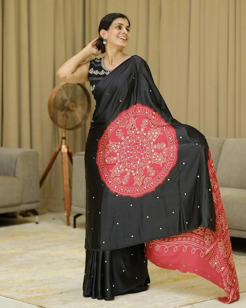 Women’s Elegant Black & Crimson Red Pure Modal Silk Saree with Traditional Folk Mandala Print & Designer Pallu