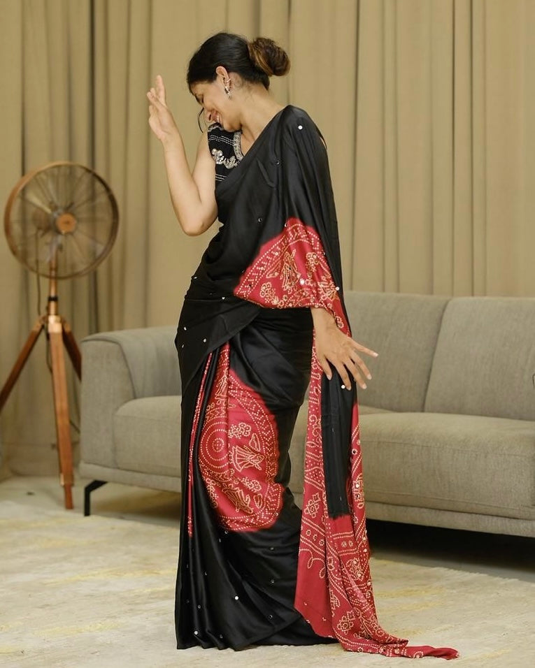 Women’s Elegant Black & Crimson Red Pure Modal Silk Saree with Traditional Folk Mandala Print & Designer Pallu