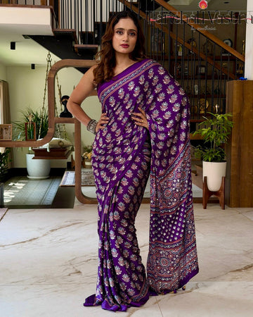 Pure Modal Silk Saree Royal Purple with Ajrakh Inspired Floral Print & Heritage Designer Pallu
