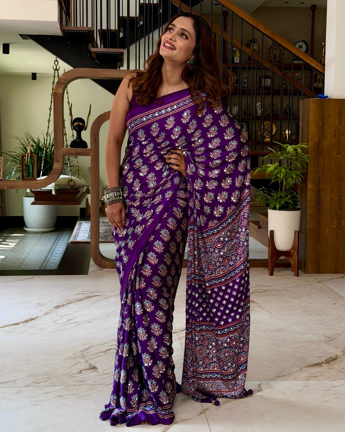 Pure Modal Silk Saree Royal Purple with Ajrakh Inspired Floral Print & Heritage Designer Pallu
