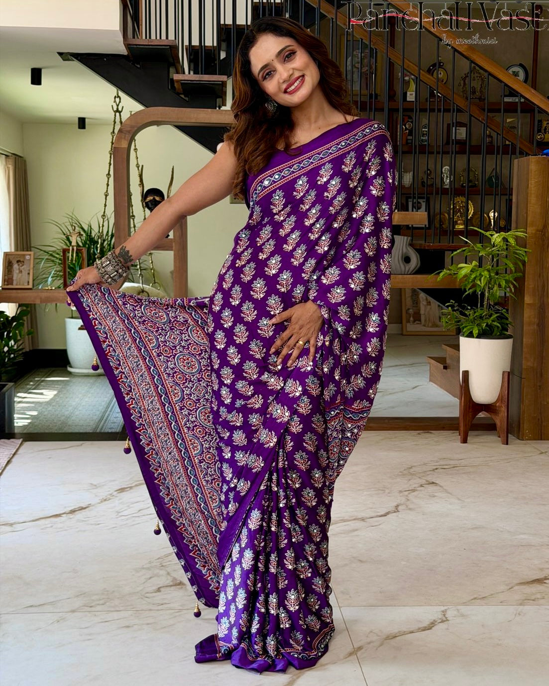 Pure Modal Silk Saree Royal Purple with Ajrakh Inspired Floral Print & Heritage Designer Pallu