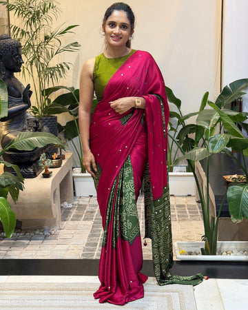 Pure Modal Silk Saree Rani Pink with Olive Green Folk Art Print & Traditional Tribal Designer Pallu