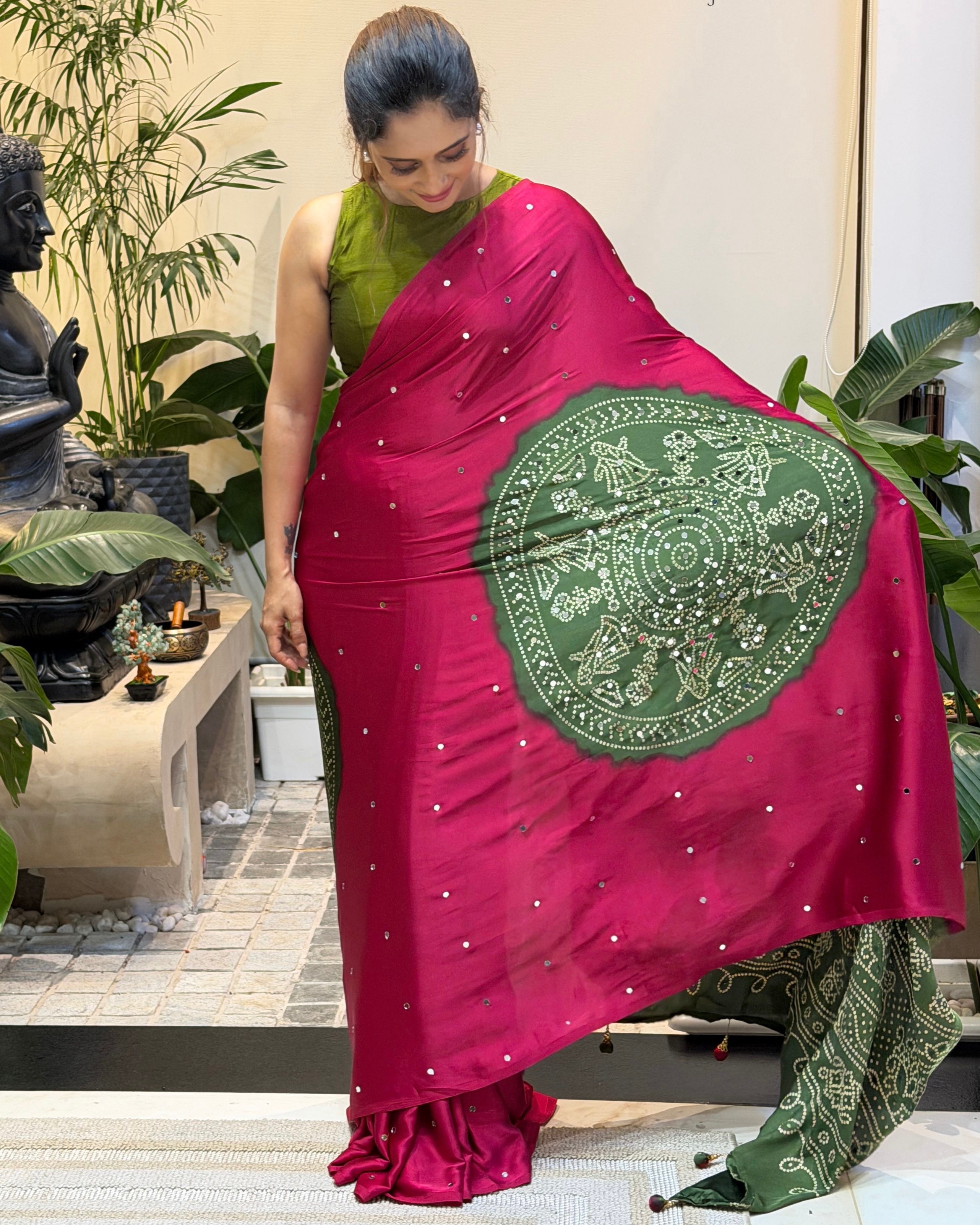 Pure Modal Silk Saree Rani Pink with Olive Green Folk Art Print & Traditional Tribal Designer Pallu