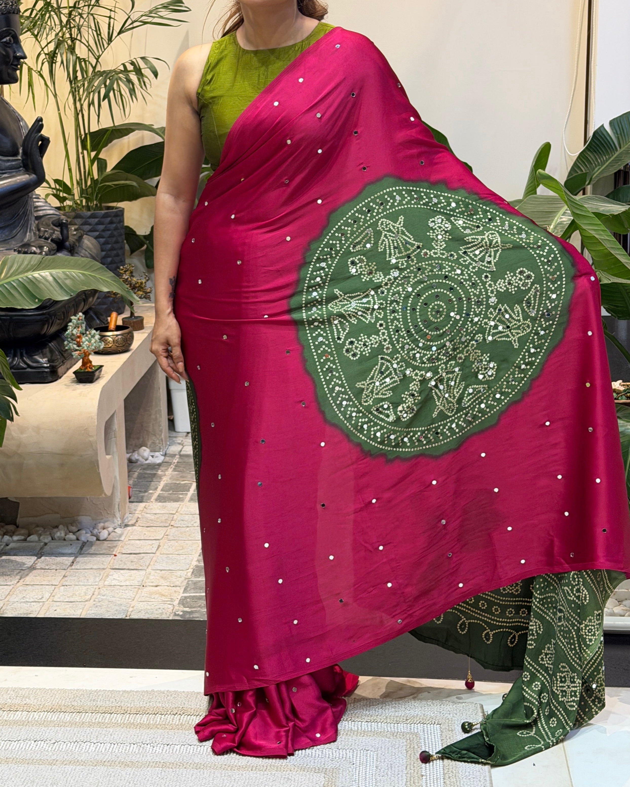 Pure Modal Silk Saree Rani Pink with Olive Green Folk Art Print & Traditional Tribal Designer Pallu