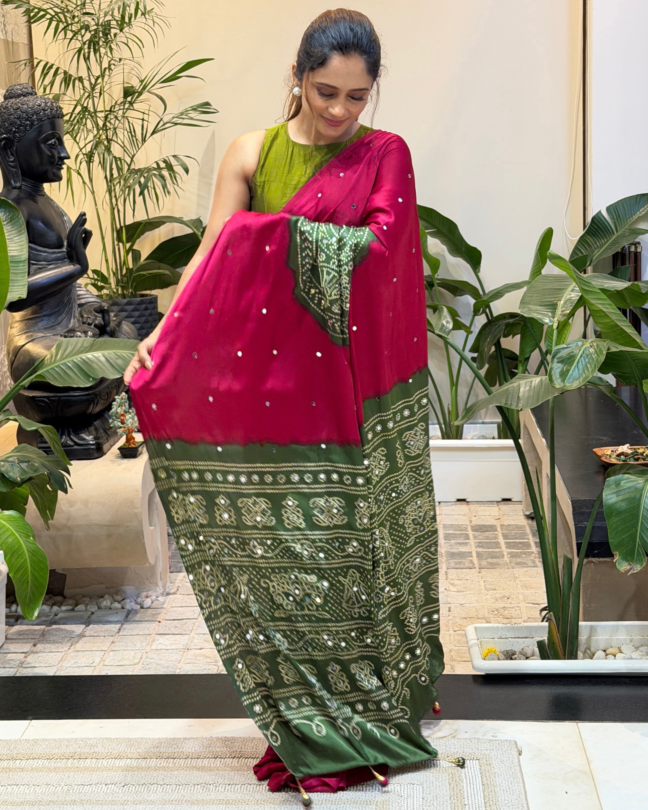 Pure Modal Silk Saree Rani Pink with Olive Green Folk Art Print & Traditional Tribal Designer Pallu