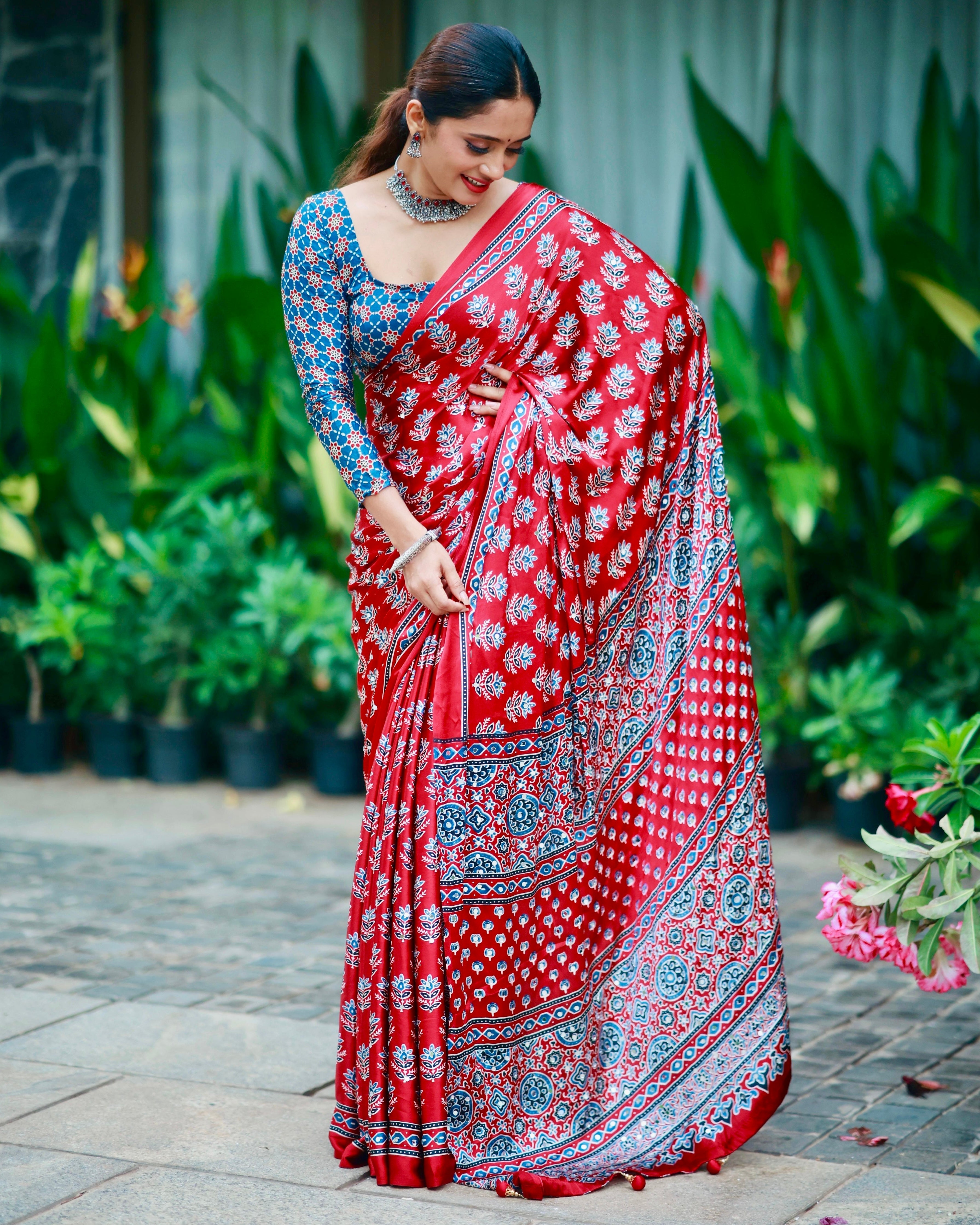 Scarlet Red Pure Modal Silk Saree with Ajrakh Inspired Floral Print & Traditional Heritage Pallu