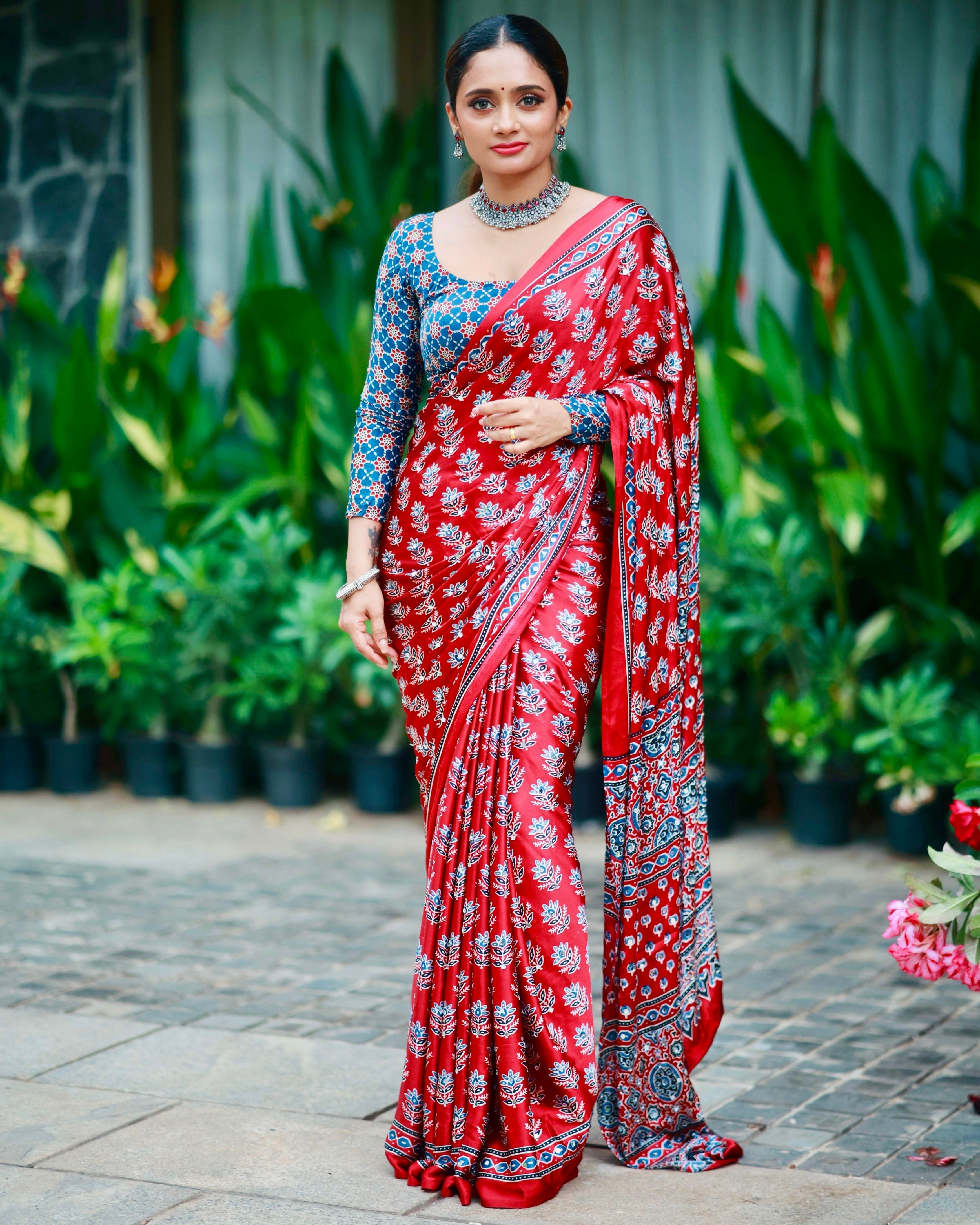 Scarlet Red Pure Modal Silk Saree with Ajrakh Inspired Floral Print & Traditional Heritage Pallu