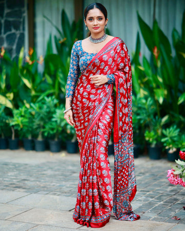 Scarlet Red Pure Modal Silk Saree with Ajrakh Inspired Floral Print & Traditional Heritage Pallu